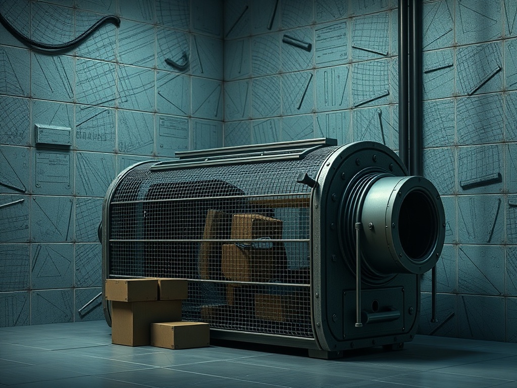 Металлическая конструкция в сетке с упаковками в помещении с голубыми стенами.