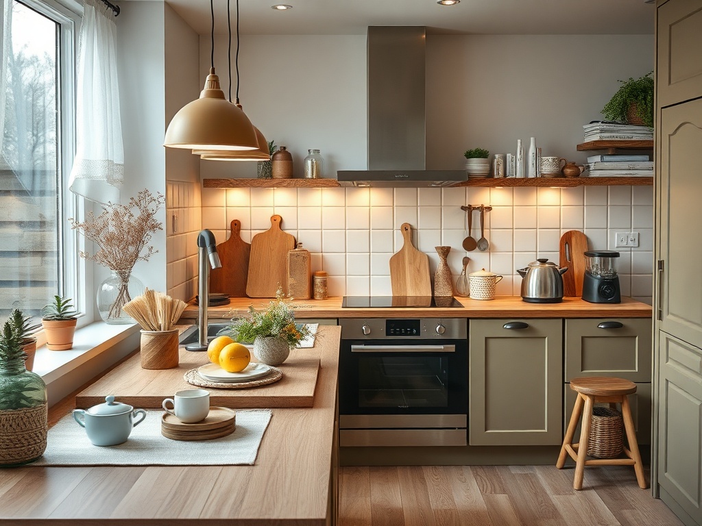 Современная кухня с деревянной мебелью, аксессуарами и элементами декора, уютная и светлая обстановка.