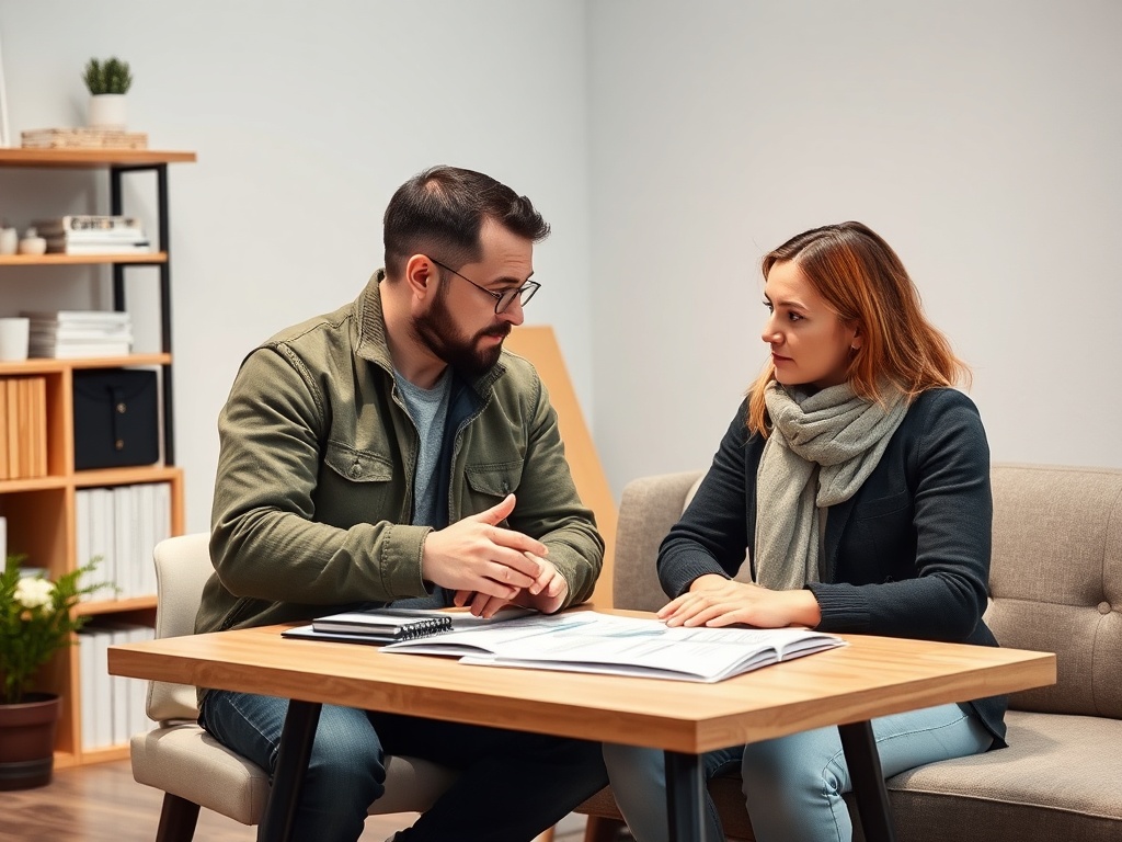 Два человека обсуждают документы за столом в уютной обстановке офиса.