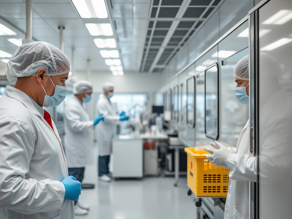 В лаборатории работают сотрудники в белых халатах и масках, соблюдая меры безопасности.