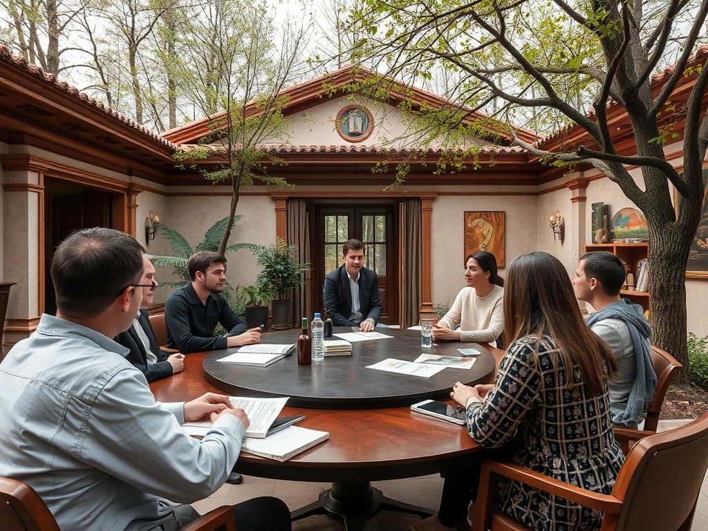 Группа людей на собрании в уютном помещении с круглом столом и зелеными растениями вокруг.