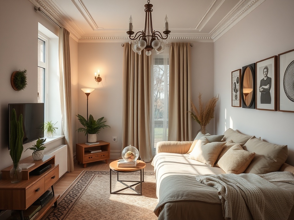 Уютная гостиная с диваном, ковром, растениями и картинами на стене, наполненная мягким светом.