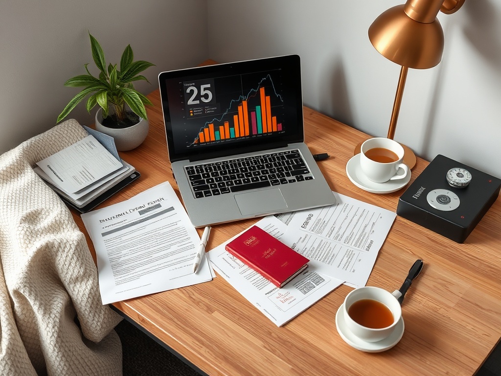 Рабочий стол с ноутбуком, документами, чаем и растением. Статистика и графики на экране.