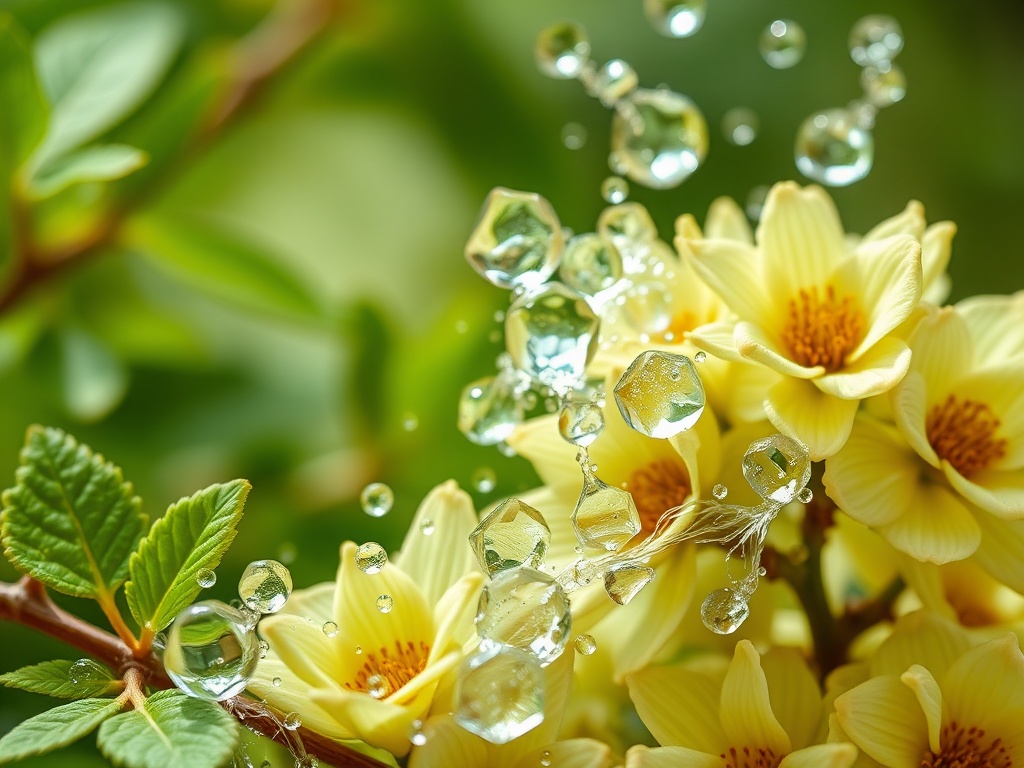 Цветы с желтыми лепестками, окруженные каплями воды на фоне зелени. Яркое и свежое весеннее настроение.