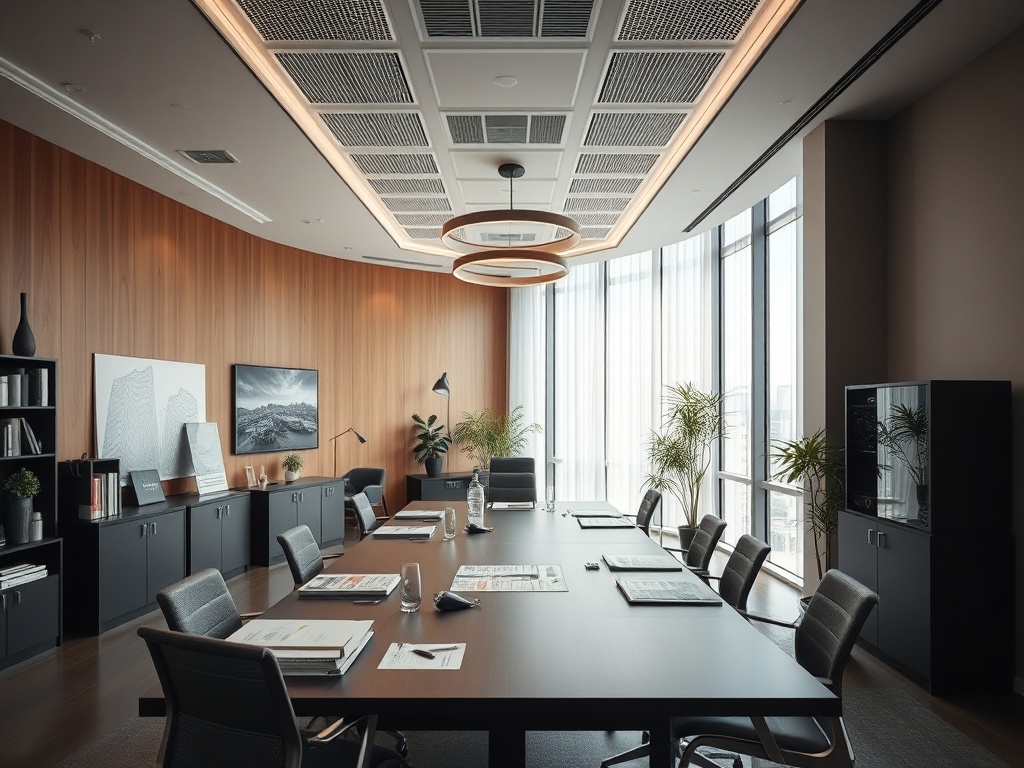 Современный офис с длинным столом, стульями и большими окнами, освещенными естественным светом.