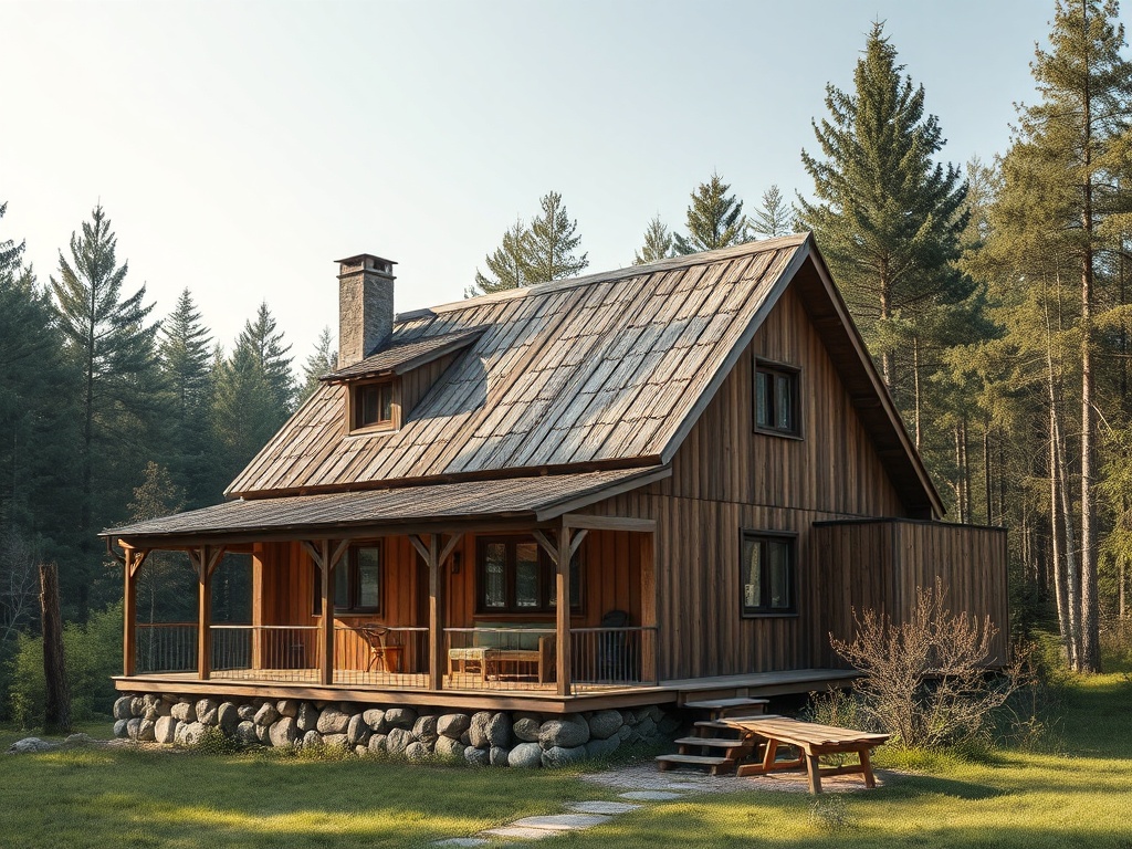 Деревянный дом с крышей из металлической черепицы, окружённый лесом и зелёной травой.