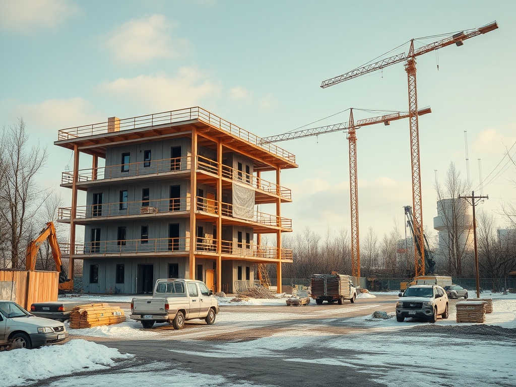 Строящийся дом с деревянной конструкцией, рядом краны и строительная техника. Зима, вокруг снег.