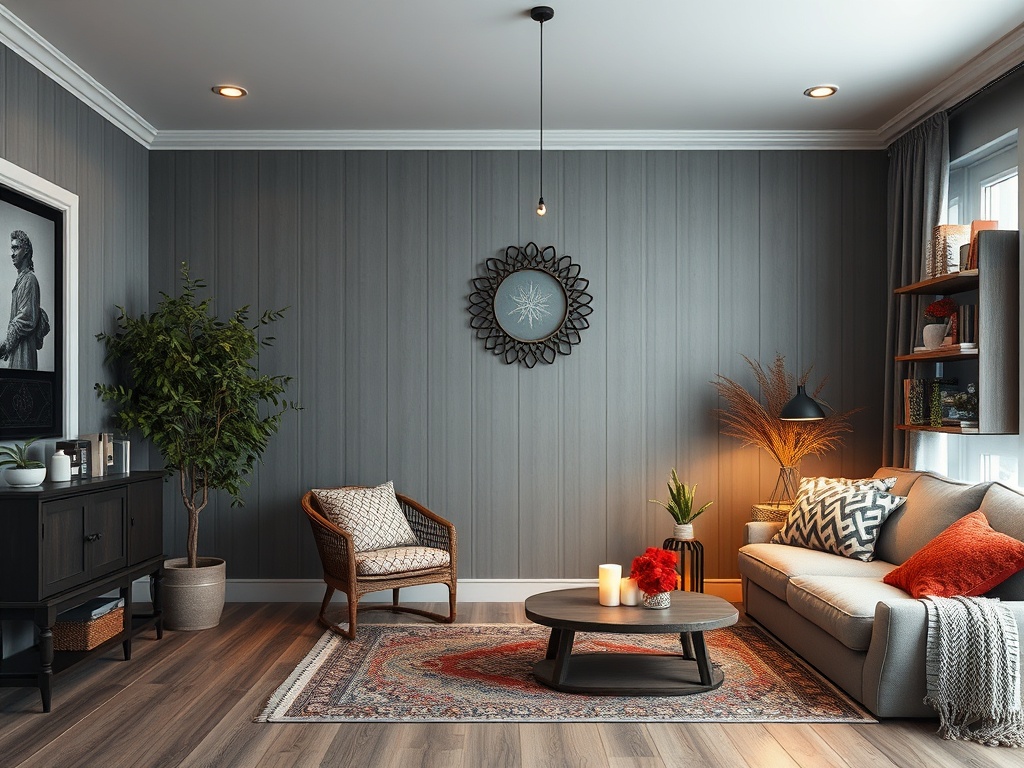 Современная комната с серыми стенами, уютной мебелью и растениями. На стене часы и картина.