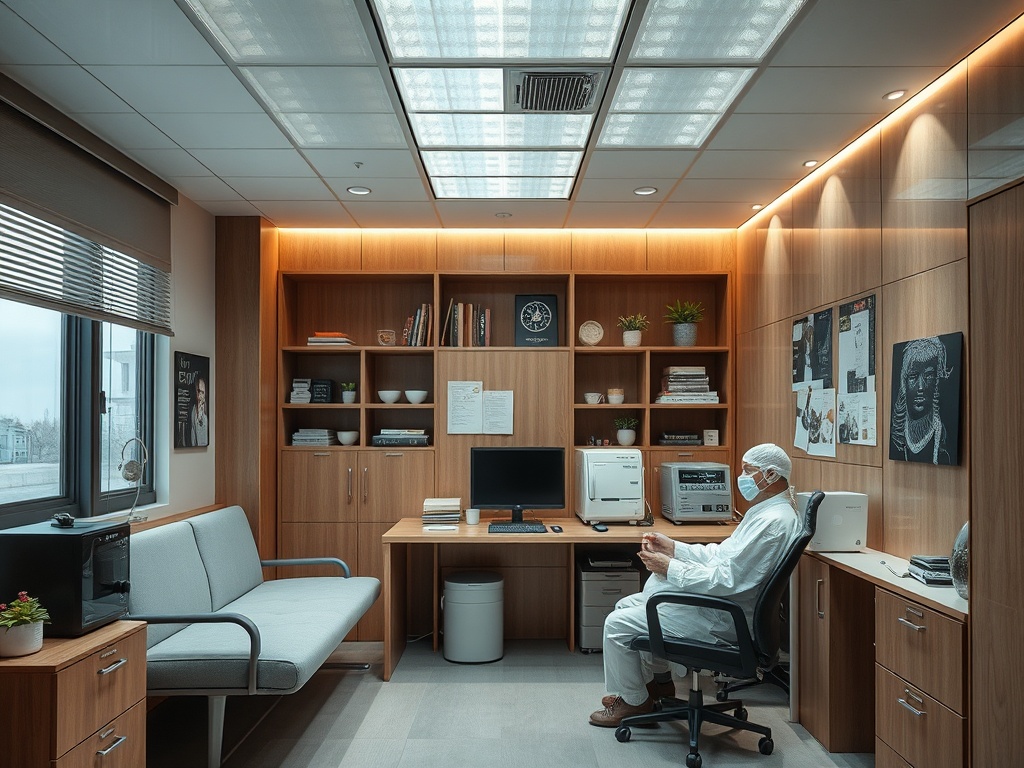 Чистый офис с врачом в белом халате, который сидит на кресле рядом с рабочим столом.