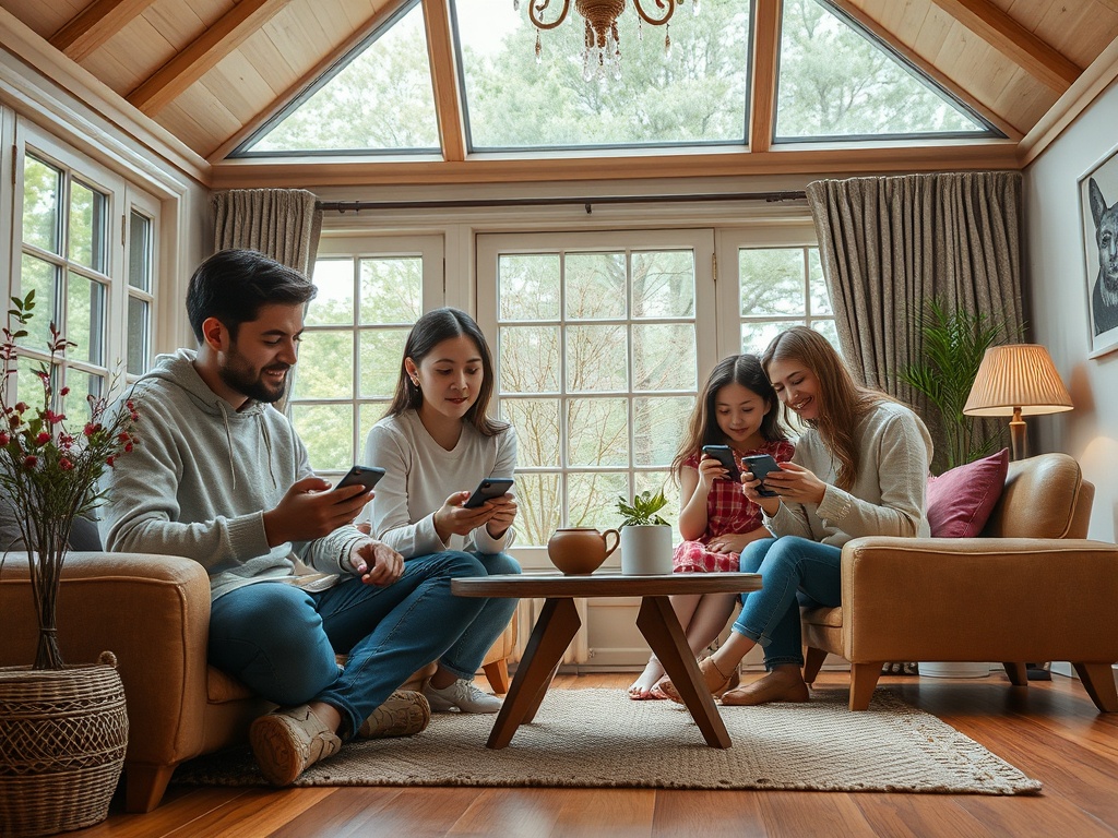 Четыре человека в уютной комнате сидят на диване и смотрят в свои смартфоны, наслаждаясь общением.