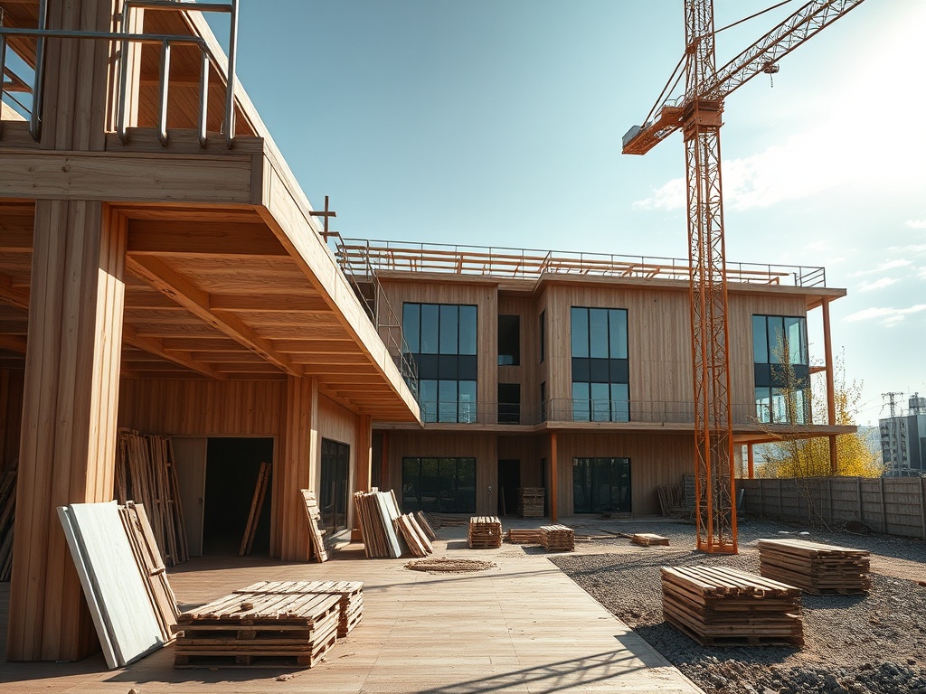Строительный объект с деревянным фасадом, кранами и материалами на площадке под ясным небом.
