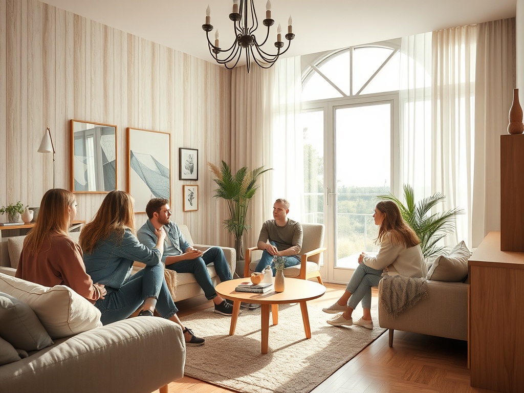 В уютной гостиной группа людей обсуждает что-то важное, окруженные растениями и мягким светом.