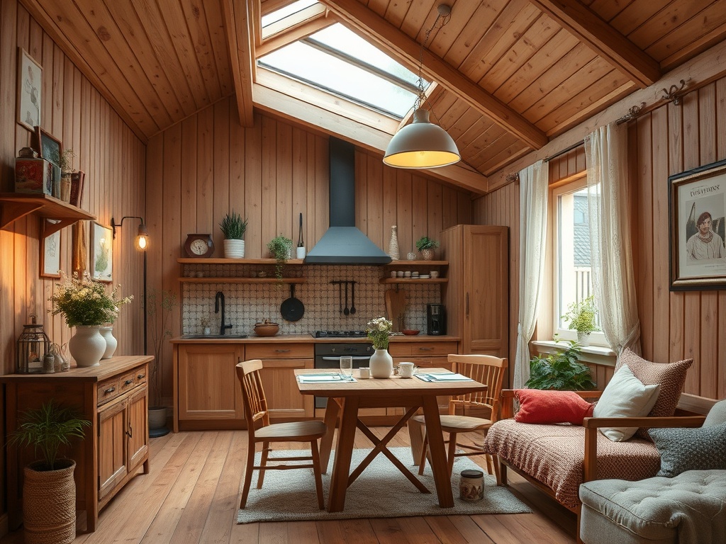 Уютная кухня с деревянными стенами, столом и стульями, окном и ярким светом, создающим теплую атмосферу.