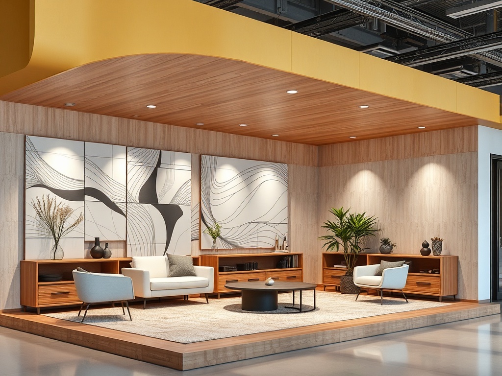 Современный интерьер с деревянной отделкой, минималистичной мебелью и зелеными растениями на стене.