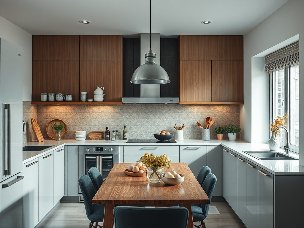 Современная кухня с деревянными шкафами, белыми шкафами, столом и элементами декора на стенах.