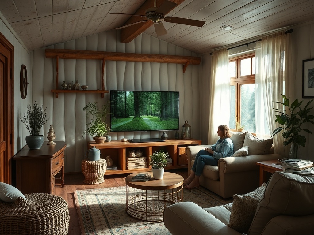 Женщина сидит в уютной гостиной, смотря телевизор с изображением леса. Окна освещают комнату.