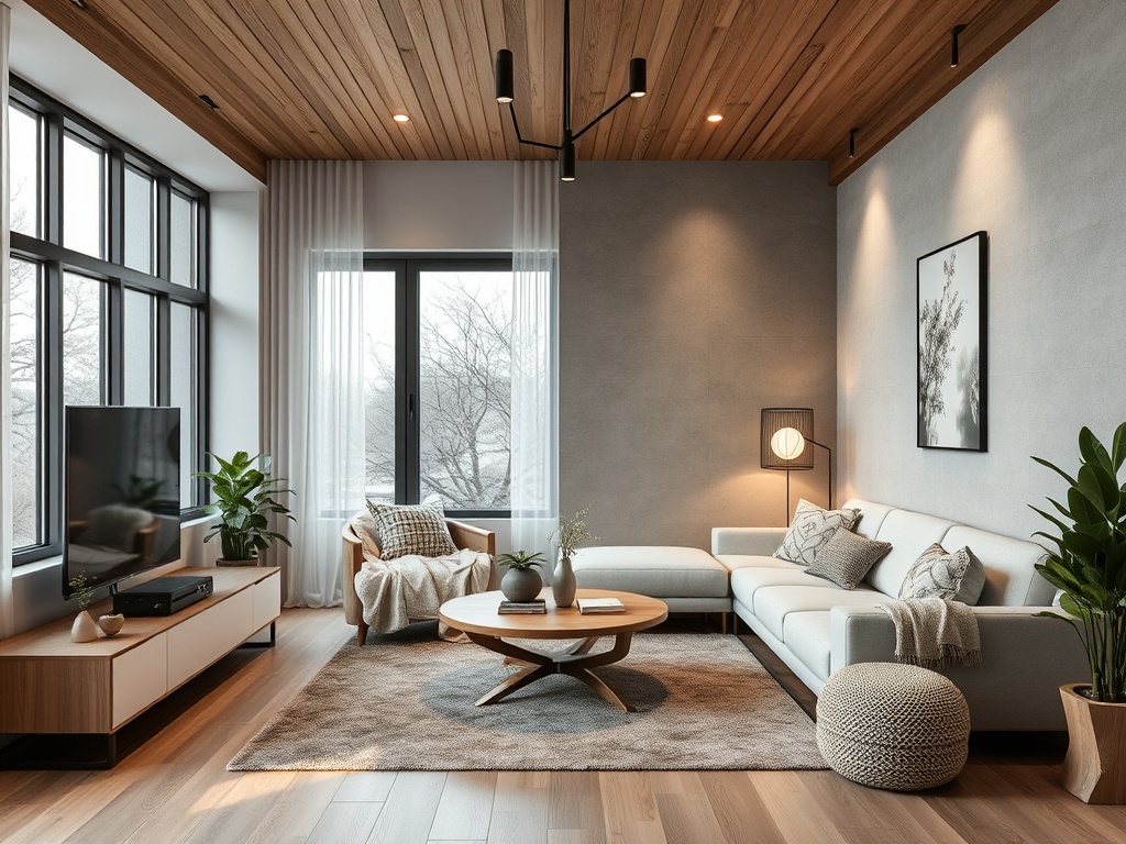 Современная гостиная с деревянным потолком, мягкой мебелью и большими окнами, дарящими уют и свет.