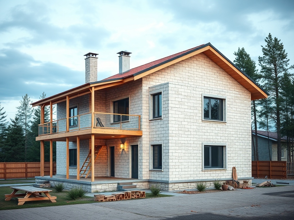 Современный дом из камня с деревянным балконом, окруженный деревьями и ухоженной территорией.