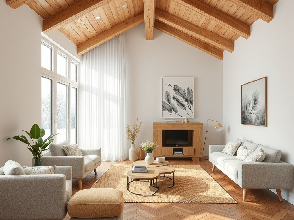 Светлая гостиная с деревянными потолками, современными диванами и теплым ковром на деревянном полу.