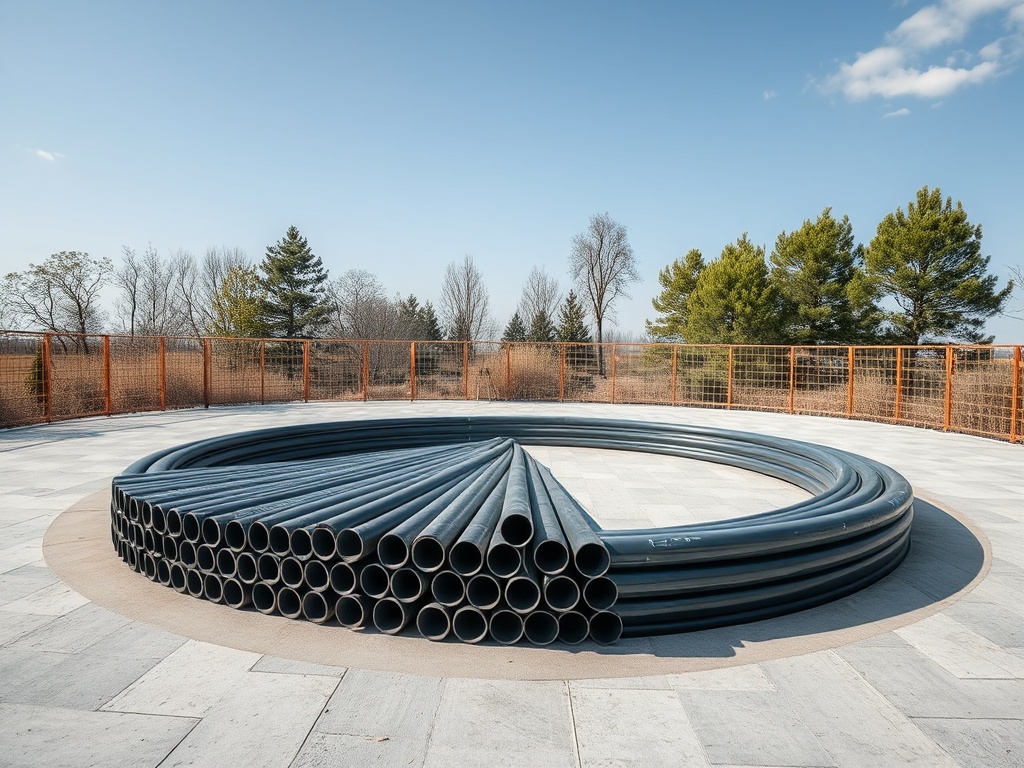 Горизонтальная укладка черных труб в форме круга на открытой площадке с деревьями на заднем плане.