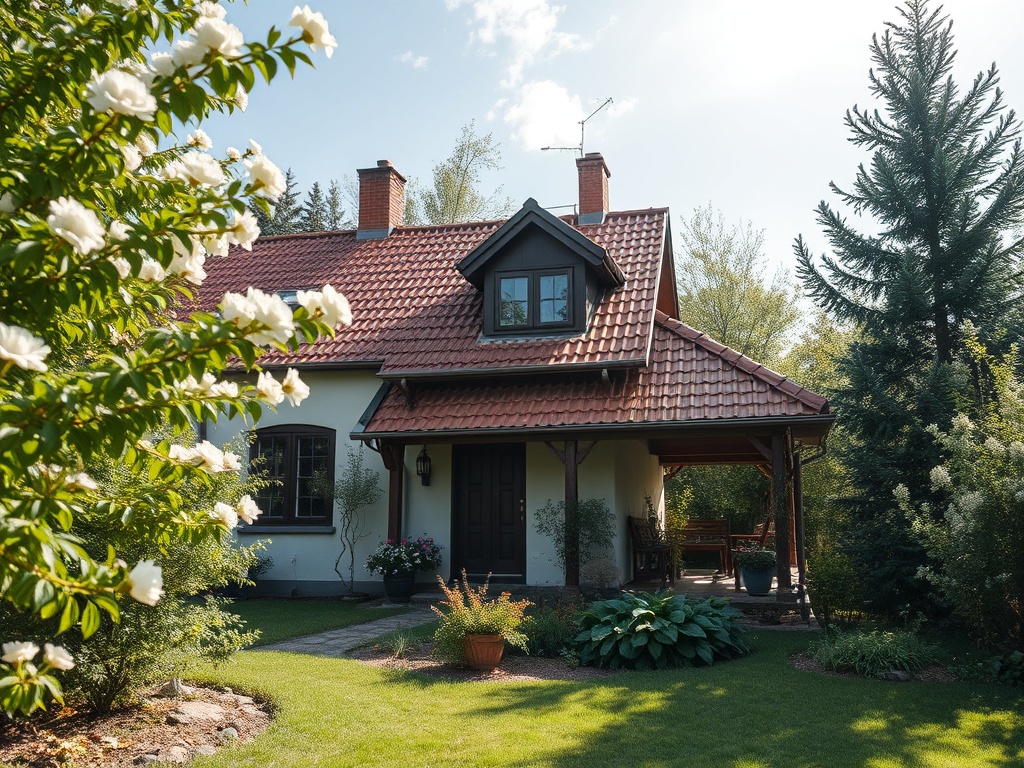 Простой дом с крышей из красной черепицы, окруженный зеленью и цветами, на фоне ясного неба.