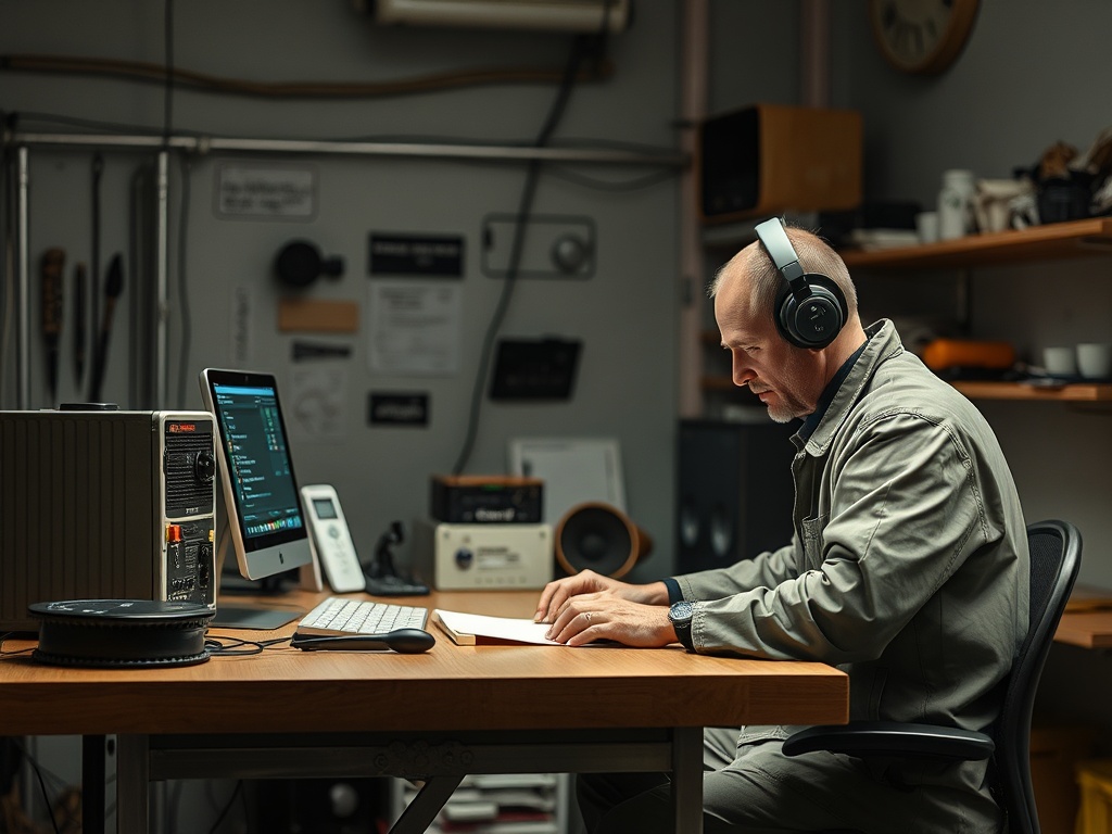 Мужчина в наушниках работает за столом с компьютером и аудиоаппаратурой в спокойной обстановке.