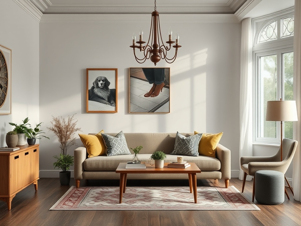 Современная гостиная с диваном, ковром, растениями и картинами на стенах, уютный светлый интерьер.