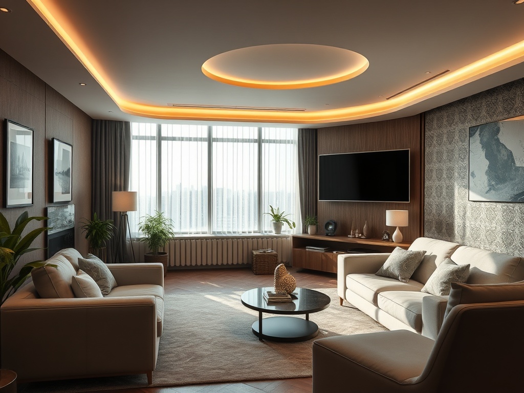 Современная гостиная с большими окнами, мягкой мебелью и стильной отделкой. Уютная атмосфера.