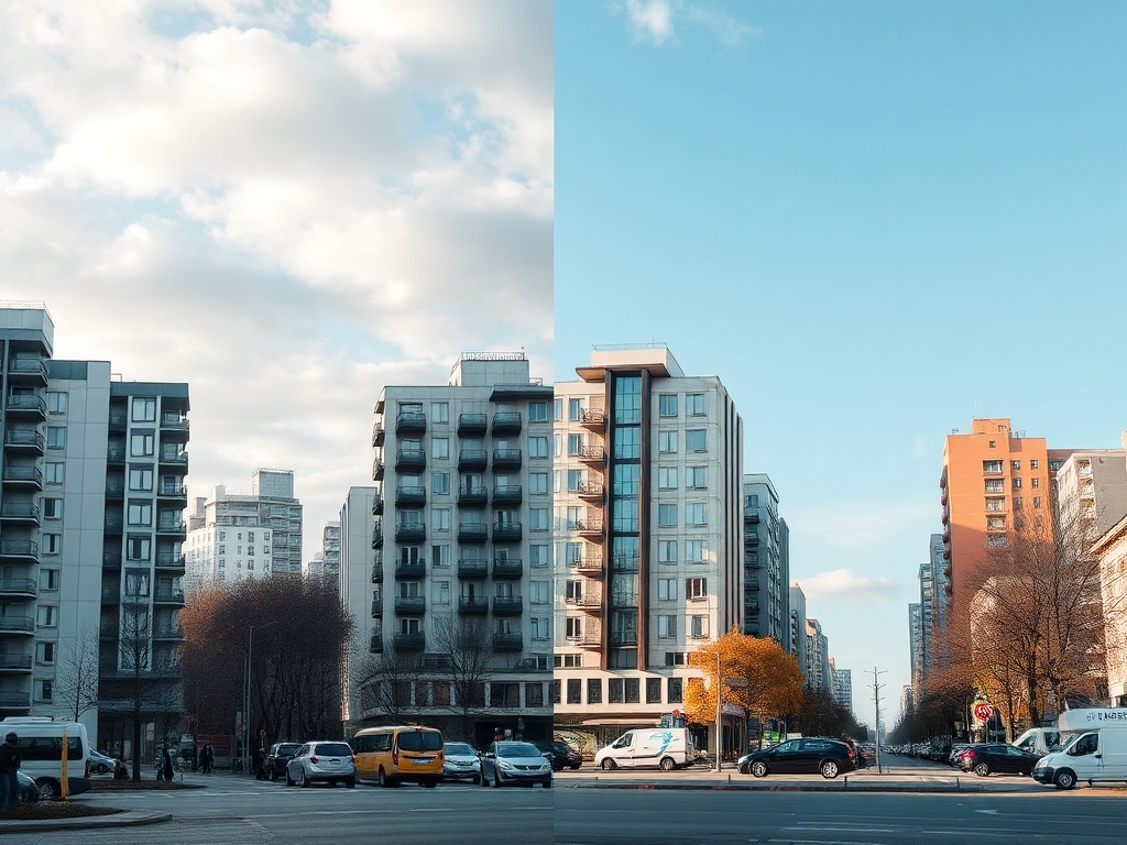 Два вида городской застройки: слева серые здания, справа яркое небо и современные дома.