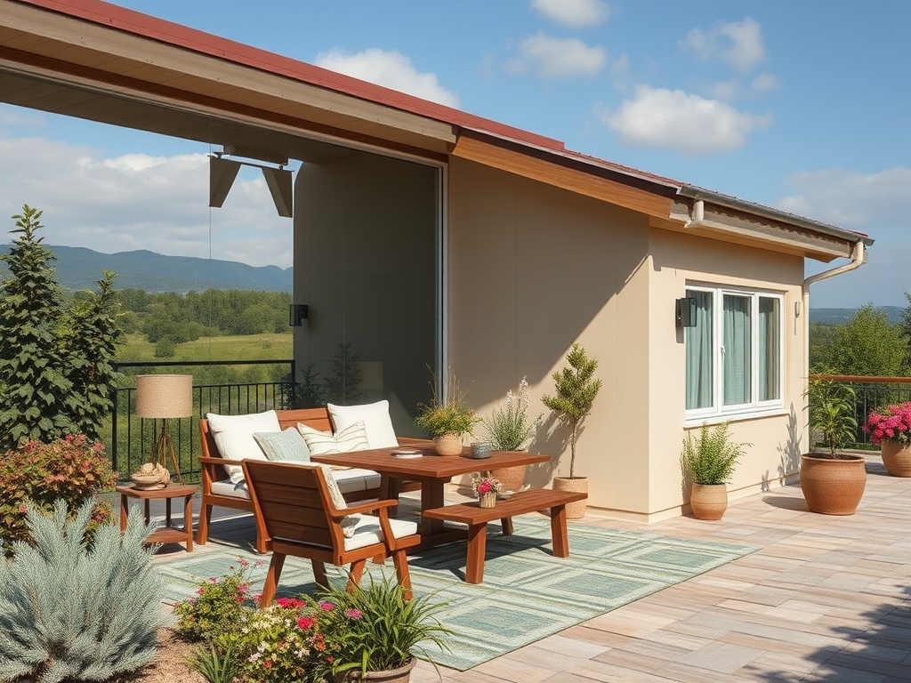 Уютная терраса с мебелью, цветами и красивым видом на природу и горы. Яркое солнечное освещение.