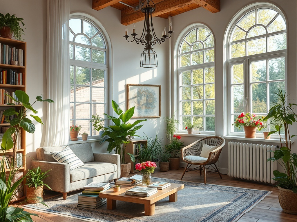 Уютная комната с большими окнами, белыми шторами, растениями и атмосферной мебелью.