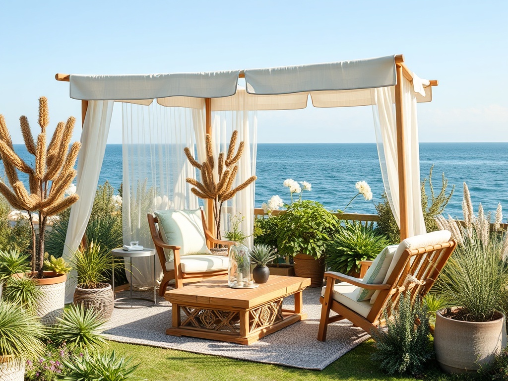 Уютная терраса с деревянной мебелью, зелеными растениями и видом на море под ясным небом.