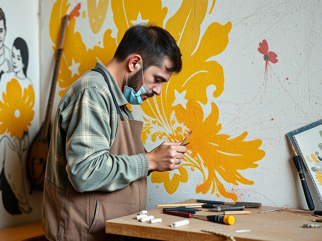 Мужчина работает над художественным проектом у стены с ярким рисунком, используя различные инструменты.